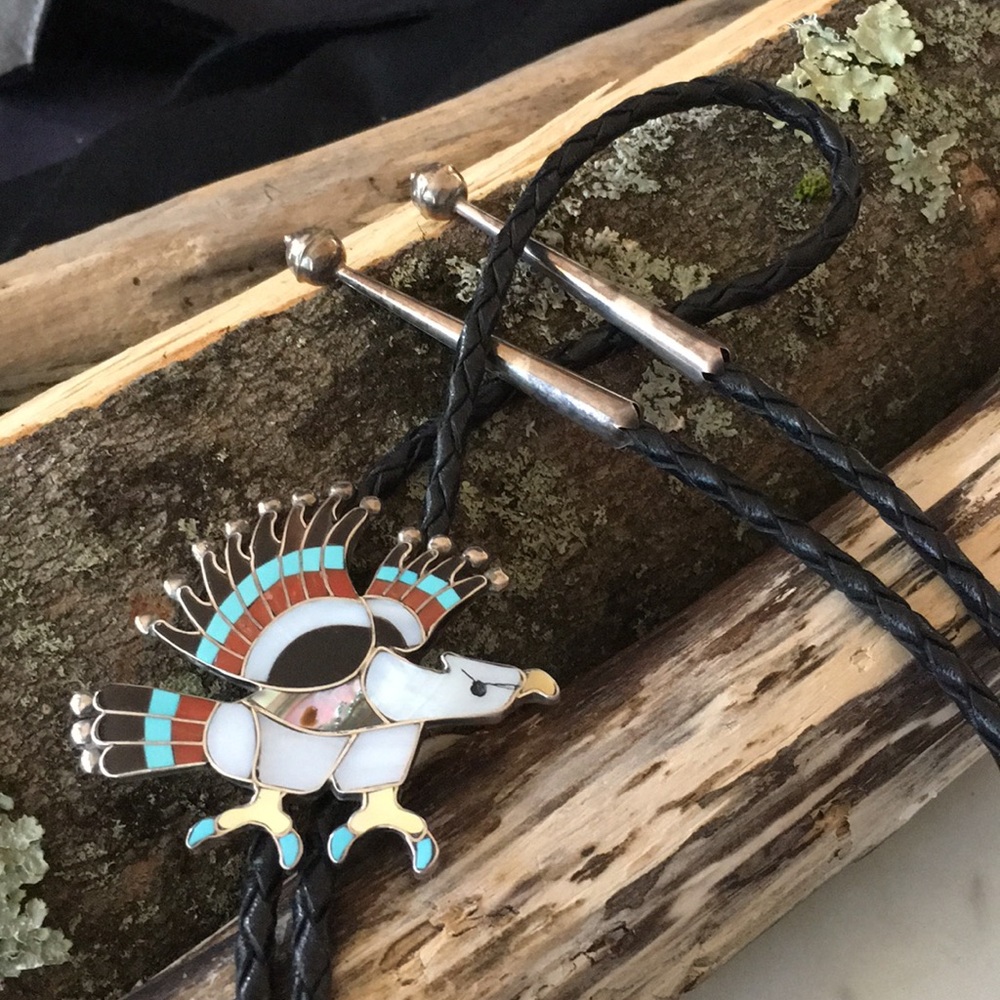 Vintage Charlotte Dishta Zuni Multi Stone Eagle Bolo - Picture 6 of 11
